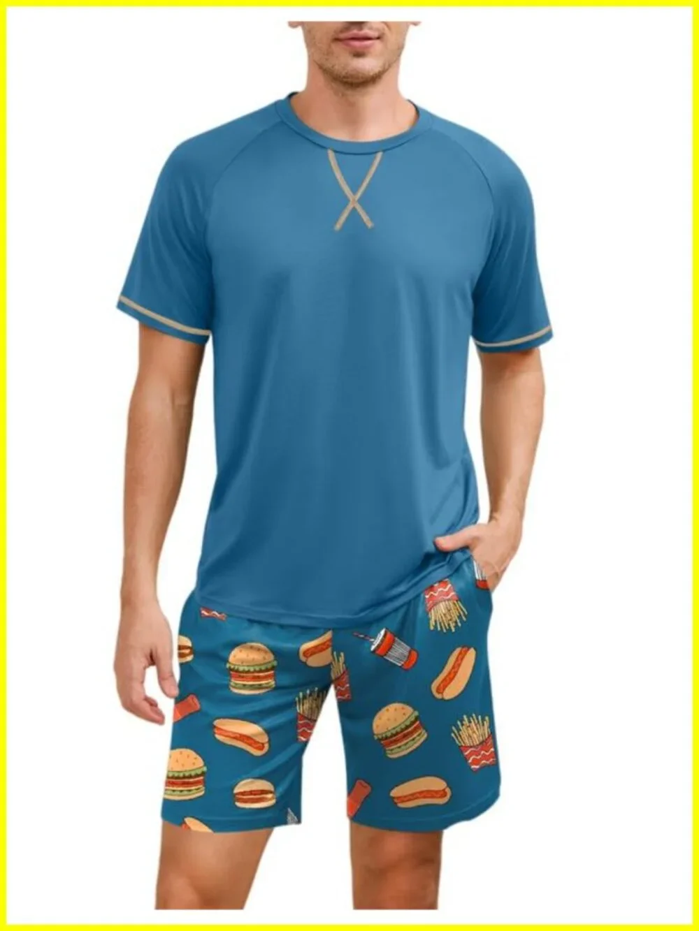 Men's Cotton Pajama Set with Pockets, Short Sleeve Sleepwear, Lounge Set,
